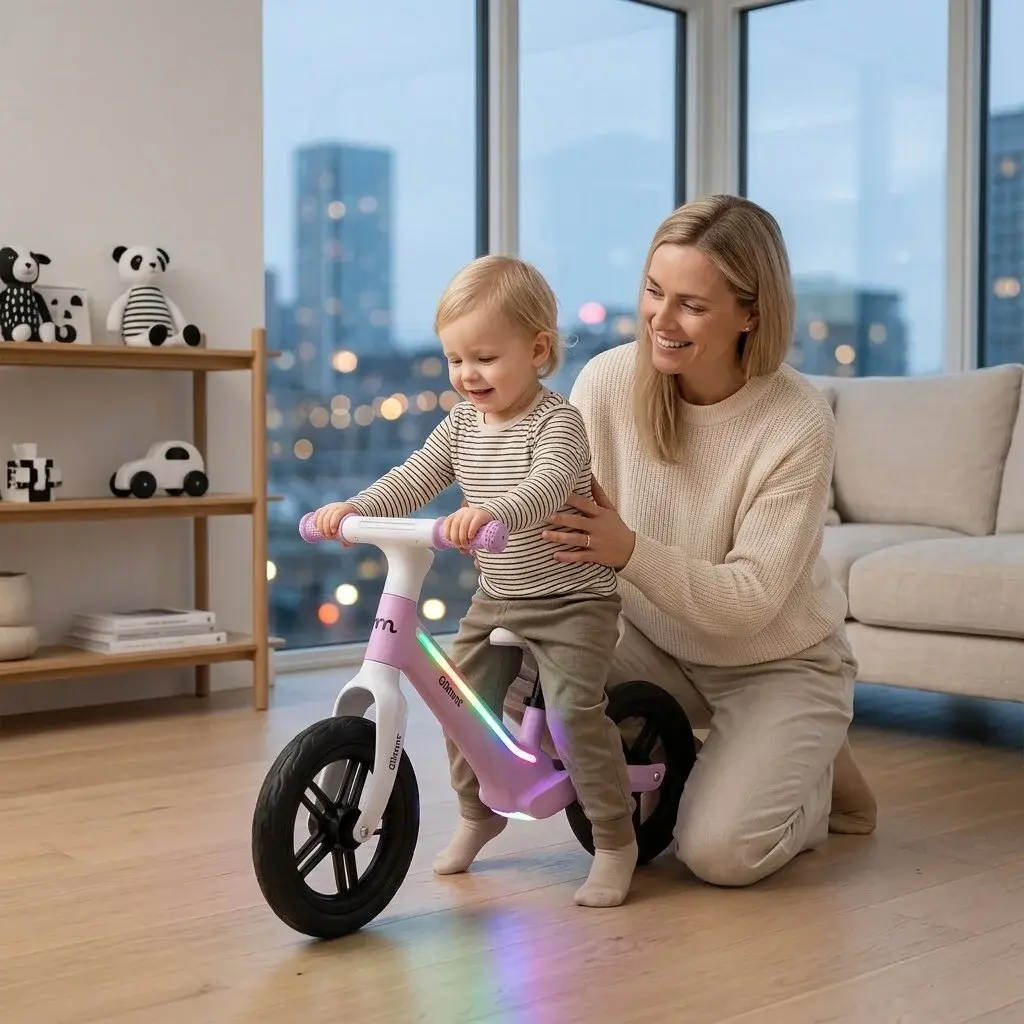 Lille dreng på Glimmt løbecykel indendørs