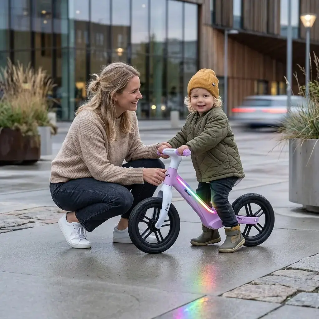 Mor og pige med Glimmt på flisebelagt plads