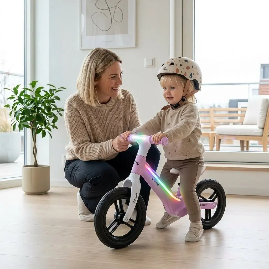 Barn med cykelhjelm på Glimmt løbecykel indendørs